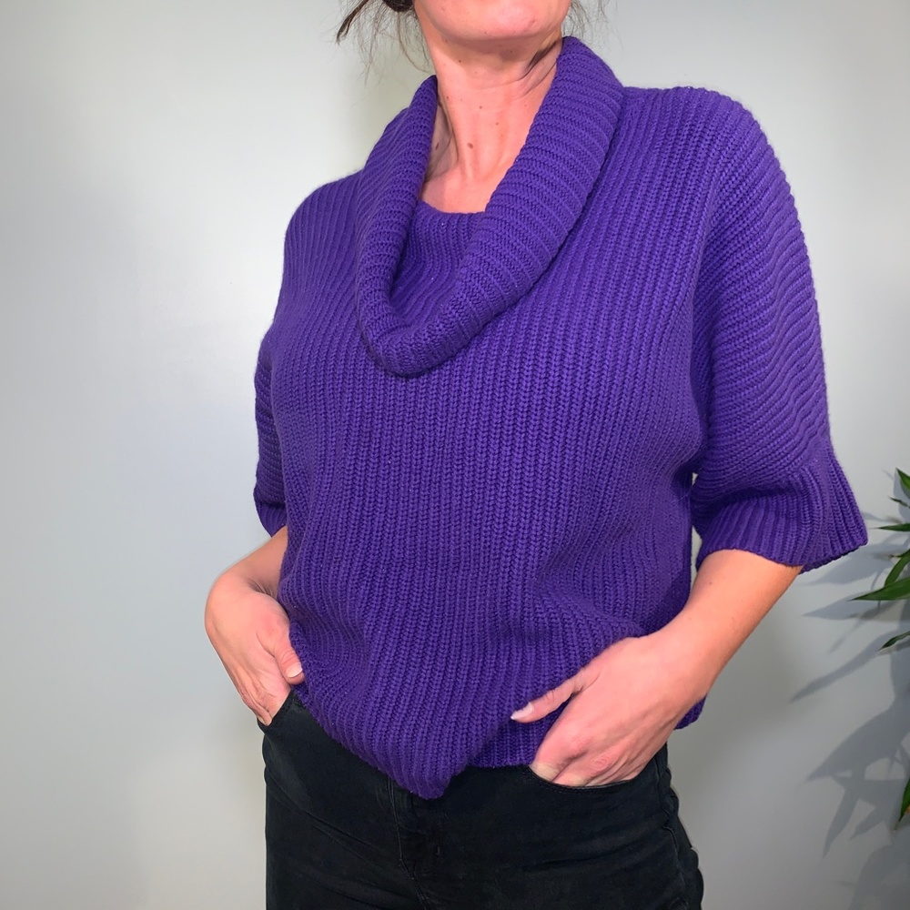 CHICO'S purple sweater, 3/4 sleeve, women's size L / XL, chunky knit, vintage